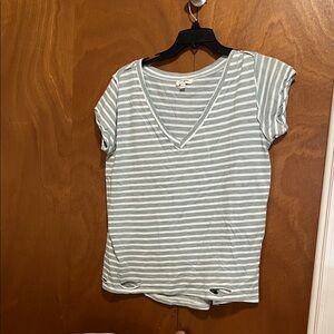 Umgee Gray and White Striped V-Neck Tee